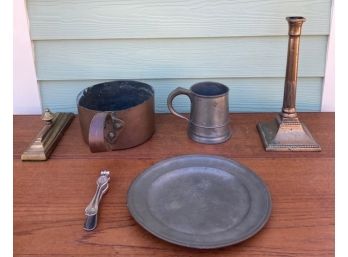 Lot Of Antique Metalware Copper Pot, Pewter Tankard, And A Large Primitive Signed Brass Candlestick Nut Cracke