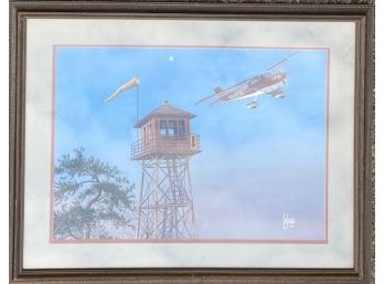 Vintage Gerard Colson Aviation Oil On Board Painting Cessna And Control Tower.