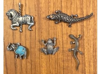 Lot Of Sterling Silver Pins Brooches Depicting Animals Frog Horse Lizard Elephant