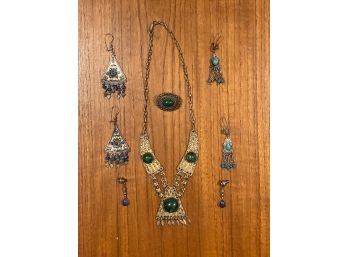 Vintage Lot Of Israeli And Middle Eastern Sterling Silver And Gemstone Necklace, Brooch Earrings.