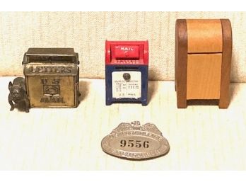 Lot Of Vintage United States Postal Service Mail Collectibles, Badge, Banks, Stamp Holders.