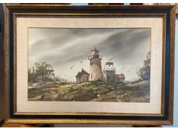 Vintage Watercolor Painting Of A Lighthouse Signed.