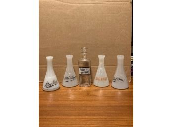 Lot Of 4 Antique Bay Rum Witch Hazel Barber Shop Apothecary Bottles And One Hand Painted Apothecary Bottle