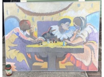 Huge MCM Oil On Canvas Painting Robert Casper New York The Chess Players 40x 54