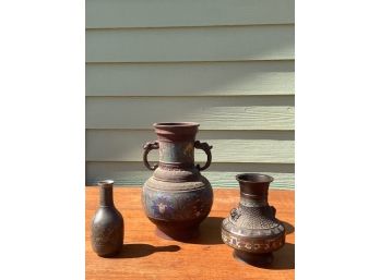 Lot Of Three Antique Pieces Of Asian Japanese Chinese Bronze Pewter Metalware