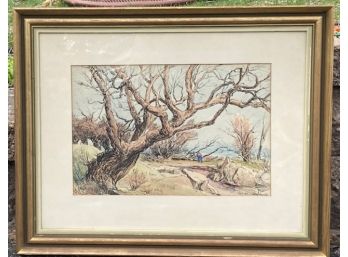 Antique Watercolor Painting Of Pelham Bay Park, The Bronx, Signed And Dated 1946