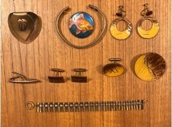 Lot Of Vintage MCM Copper And Enamel Decorated Brooches, Cufflinks Bracelets