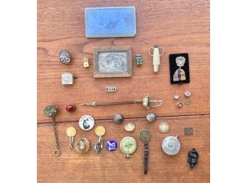 Lot Of Antique Collectibles With Lion Drawing, Compass, Dice, Etc.