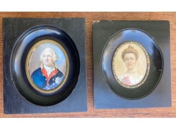 Pair Of Antique Miniature Portrait Paintings Royalty 1700s And 1880s.