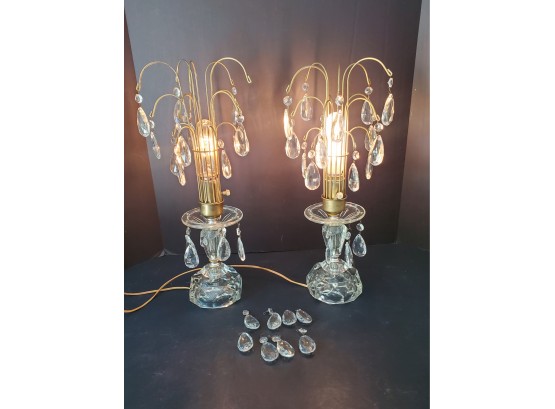 Pair Of Dramatic Vintage Glass & Brass Waterfall Table Lamps