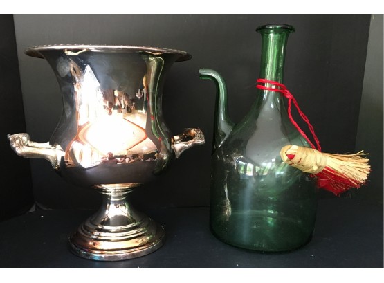 Old World, Hand Blown Glass Italian Wine Cooler With Red And Beige Straw Stopper And Silver Champagne Bucket