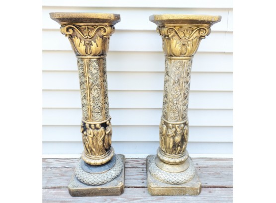 Stunning Pair Of Vintage Carved Imported Italian Plaster Pillars Plant Stands