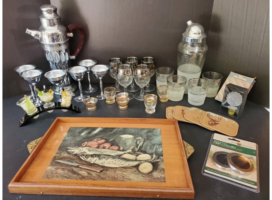 Vintage MCM Barware Assortment - Glassware, Shakers, Avon Coasters & More