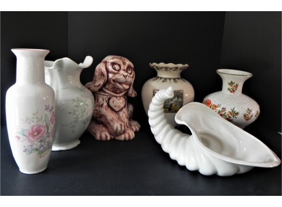 Group Of  Floral Designed Vases Including A Vintage Matte White Cornucopia & Figural Dog Cookie Jar