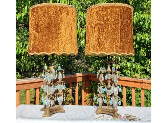 Dramatic Vintage Hollywood Regency Huge Table Lamps With Furry Original Shades - See Description
