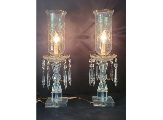 Pair Of Lovely Cut Glass Tall Table Lamps With Hurricane Shades & Hanging Glass Prisms