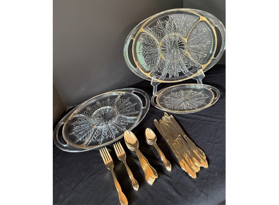 Set Of Eight Custom Craft Gold Plated Flatware With Three Vintage Glass Serving Platter