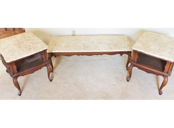 Trio Of Vintage MCM Wood & Portuguese Marble Topped Coffee Table & Two End Tables