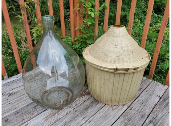 Fabulous Vintage Hand Blown From Italy Large Pale Green Glass Wine Making Carboy/Demijohn Bottle With Basket