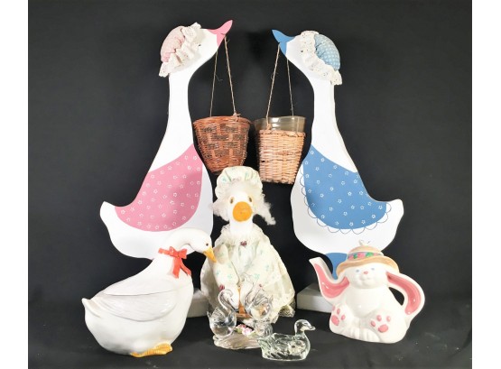 Hand Painted Wooden Geese Planters, Rabbit Teapot, Duck Cookie Jar, Goose Doorstop & Glass Swan Figurines
