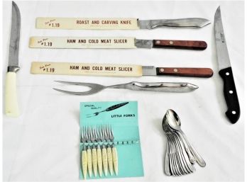 Vintage Knives, Slicer Set, With Stainless Steel Retro Hors D'Oeuvre Forks 7 Pieces,