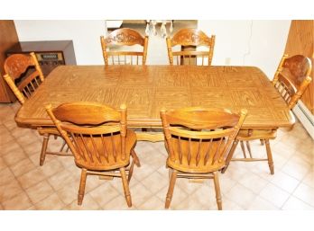 Beautiful Solid Wood Marquetry Top Dinning Room Table With Six Chairs And Two Leaves