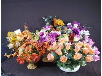 Large Assortment Of Silk & Plastic Flower Arrangements In Pots & Vases