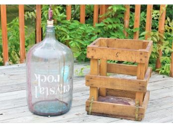 Lot#2- Vintage Crystal Rock Blue Tint Five Gallon Wine Bottle And Wood Crate