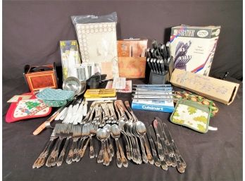 Huge Kitchen & Dining Pot Luck - Flatware, Sabaatier Knives, Linens, Cannoli Tubes And More