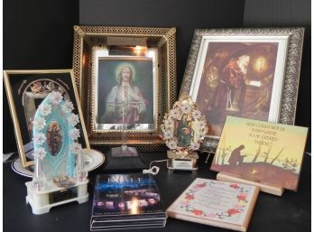 Vintage Religious Lot-Foil Art From Kafka Industries, Vintage Jesus Mary Wall Decor With Light & More