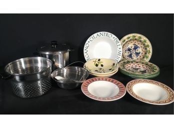 Stainless Steamer Pot And Decorative Pasta & Serving Bowls