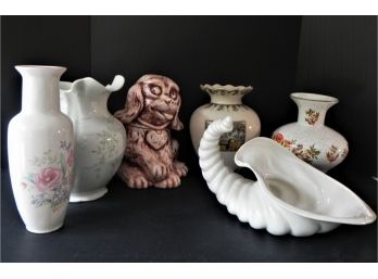 Group Of  Floral Designed Vases Including A Vintage Matte White Cornucopia & Figural Dog Cookie Jar