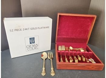 New Old Stock Crown Court Fifty Two Piece 24K Gold Plated Stainless Steel Flatware