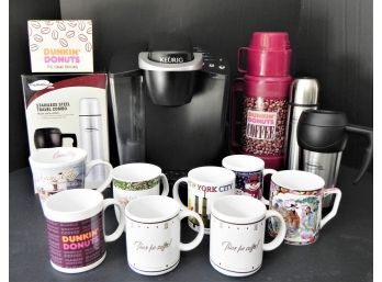 Coffee Lovers Lot - Keurig K40 Coffee Maker, Dunkin Donuts Thermos And Mugs & More