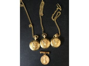 Trio Of Gold Tone Pocket Watches On Chain & Vintage Borghese Pendant Brooch Perfume Promotional
