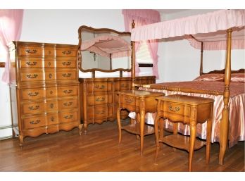 Six Piece Full Size Canopy Bed With 2 Side Tables, Tall Chest Of Draws & Bureau With Attached Mirror
