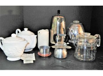 Lot Of Coffee, Tea, And Creamer Set With Vintage  Faberware Super-Fast 12 Cup Electric Percolator Model #142B