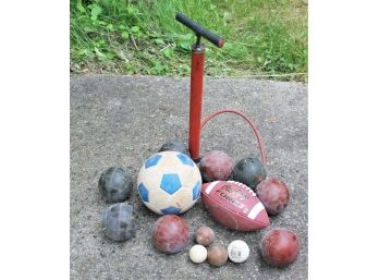 Vintage Sports Lot With Rawlings Football, Brine Volleyball, Bocce Ball Set & More
