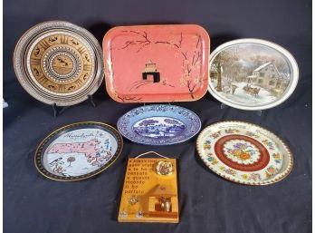 Assorted Vintage Metal Serving Trays And Wood Plaque - Daher, Currier & Ives & More