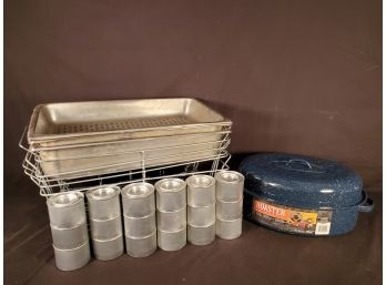 Granite Ware Blue Speckled Roaster, 18 New Gold Blaze Solid Fuel Cans, Chafing Pans & Racks