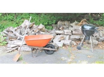 Large Lot Of Cut Wood With Wheelbarrow, Shovel And Bighorn Charcoal Grill-SEE DESCRIPTION