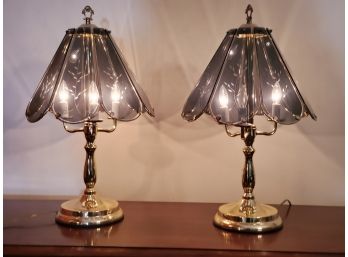 Pair Of Vintage Brass & Etched Smoked Glass Three Way Touch Lamps