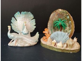 Two Interesting Vintage Statues - Capodimonte Italy Porcelain Painted Peacocks & Abalone Shell