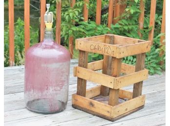 Lot#1 - Vintage Five Gallon Clear Glass Wine Bottle With Breather In Wooden Crate