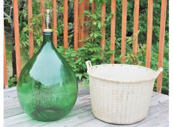 Fabulous Vintage Hand Blown From Italy Large Green Glass Wine Making Carboy/Demijohn Villani Bottle W/basket