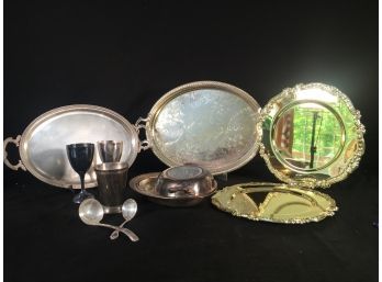 Assortment Of Silver And Gold Plated Serving Ware Including Trays, Platters, Goblets And Small Ladels