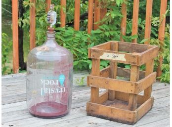 Vintage Crystal Rock Clear Glass Five Gallon Wine Bottle And Wood Crate - Lot#5