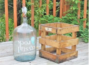 Vintage Crystal Rock Clear Glass Five Gallon Wine Bottle And Wood Crate - Lot#4