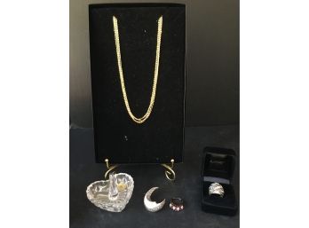 Sterling Silver 925 Lot Of Jewelry Including Technibond Necklace, Pin, Rings & Lead Crystal Ring Holder
