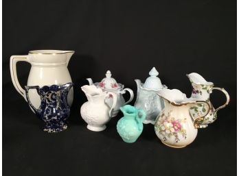 Assortment Of Vintage Teapots & Pitchers, Spongeware, Avon, Relpo, Royal Crown, Royal Danube & Delphin